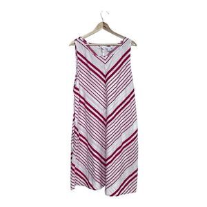 Red and white striped midi dress with V-neckline, side slits, and elastic waistb